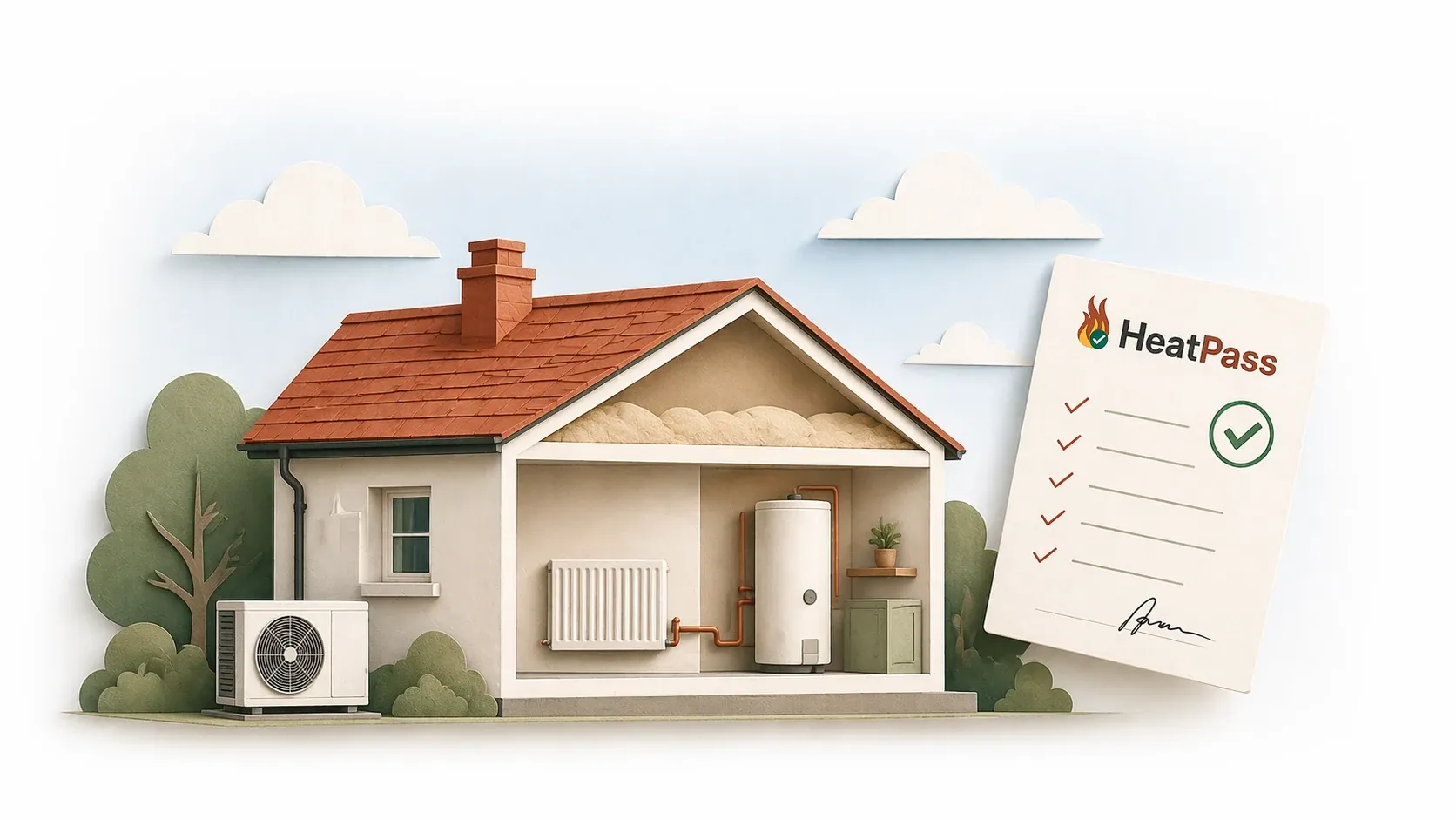 Cross-section illustration of a UK home showing an outdoor heat pump unit and indoor hot water cylinder, beside a HeatPass approval checklist.