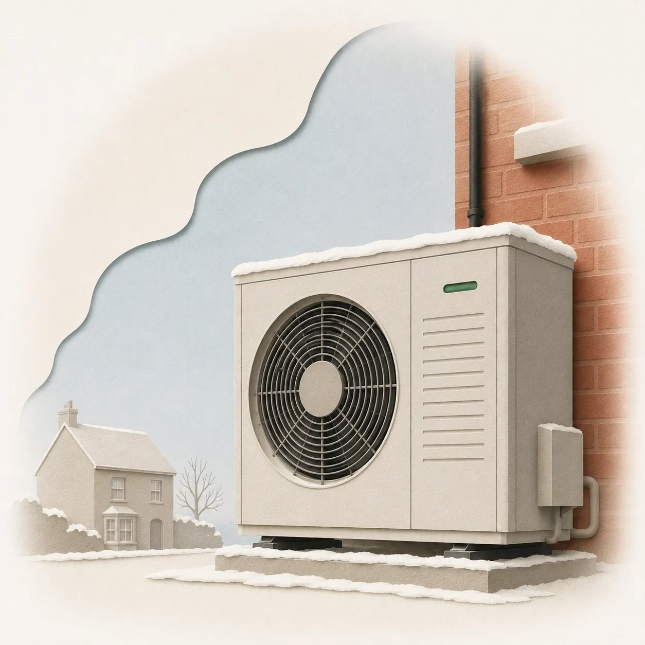 Paper-cut illustration of an air-source heat pump outdoor unit standing in light snow beside a brick house wall, running calmly, with a small house silhouette behind it under a pale winter sky.