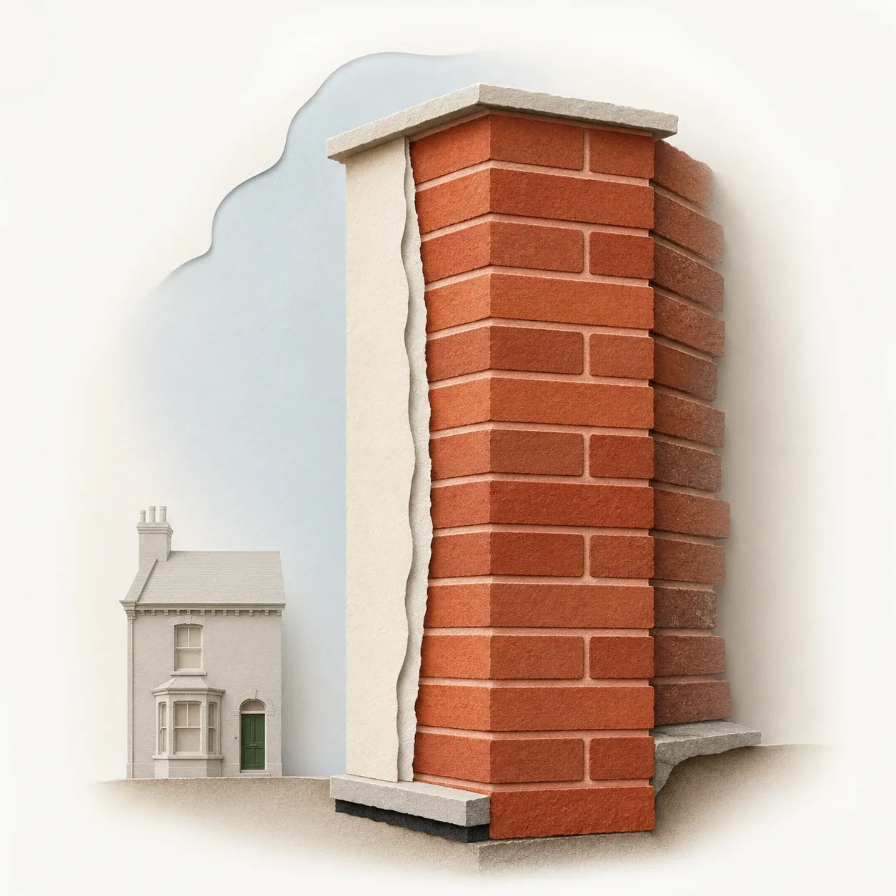 Paper-cut illustration of a cross-section through a Victorian solid 9-inch brick wall, two bricks deep with no cavity, alongside a small stone-grey silhouette of a Victorian terrace house showing where the wall sits.